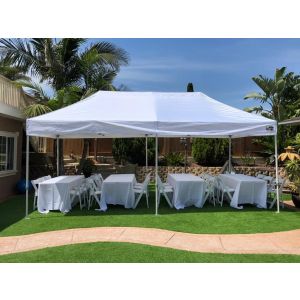 10x20 Canopy, 4 6ft tables, 24 Resin Chairs, and 4 linen