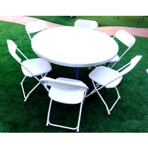 White Round Party Table with 6 Chairs Package Rentals in North County